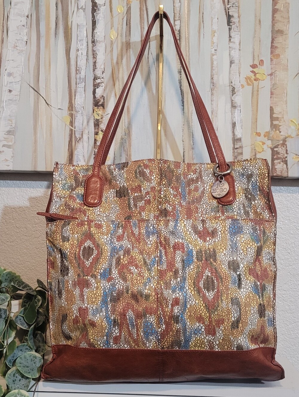 Unique RARE HOBO INTERNATIONAL Multicolor Ikat-Patterned Leather-Trim Tote
